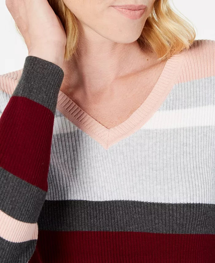 Karen Scott Women's Petite Emma Cotton Striped Sweater  Medium Red Size Petite Small