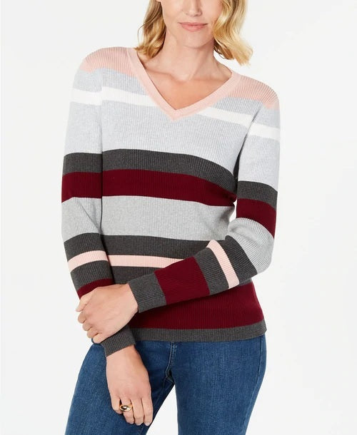Karen Scott Women's Emma Cotton Striped Sweater Red SizePetite Large
