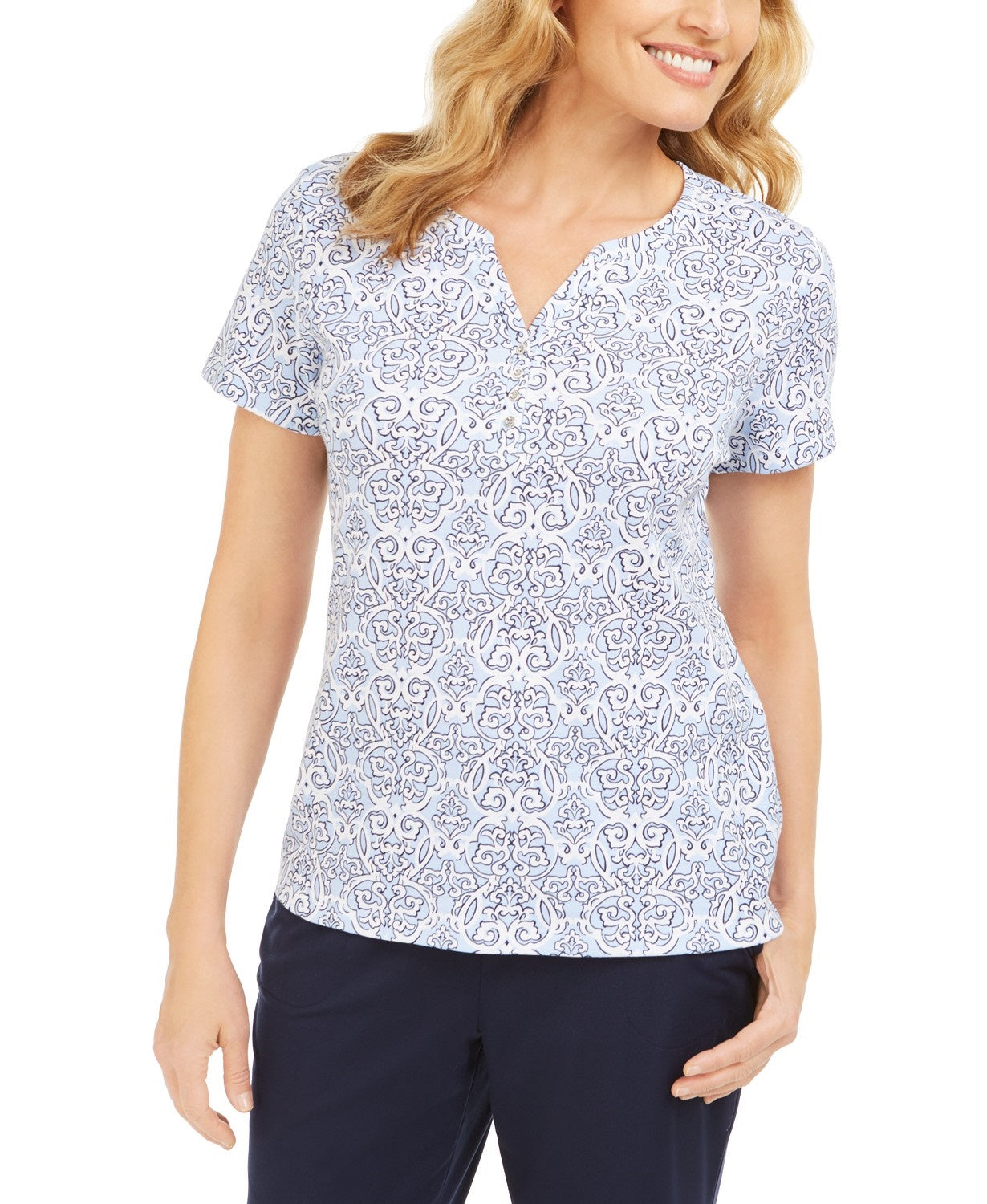 Karen Scott Women's Printed Short-Sleeve Henley Top Bright blue Size Small