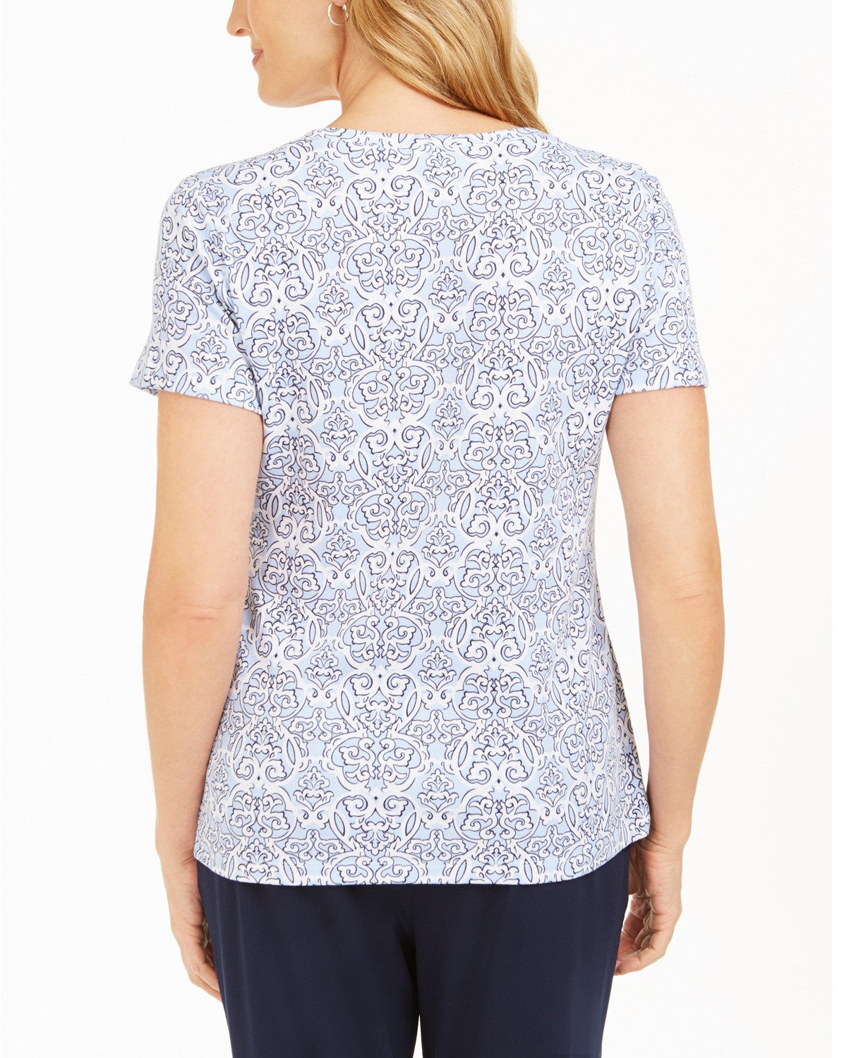 Karen Scott Women's Printed Short-Sleeve Henley Top Bright blue Size Small