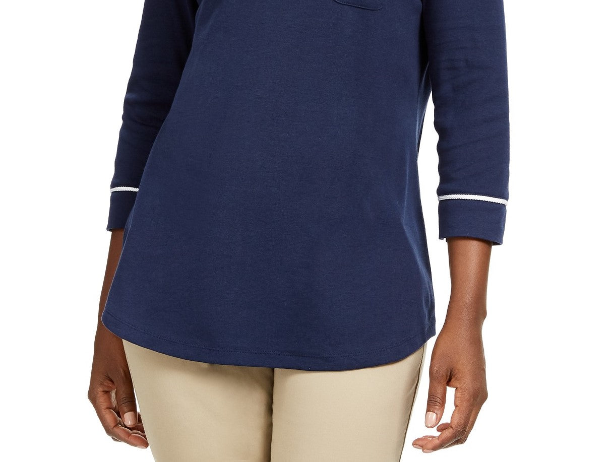 Karen Scott Women's Piping-Trim T-Shirt  Blue Size Petite Small