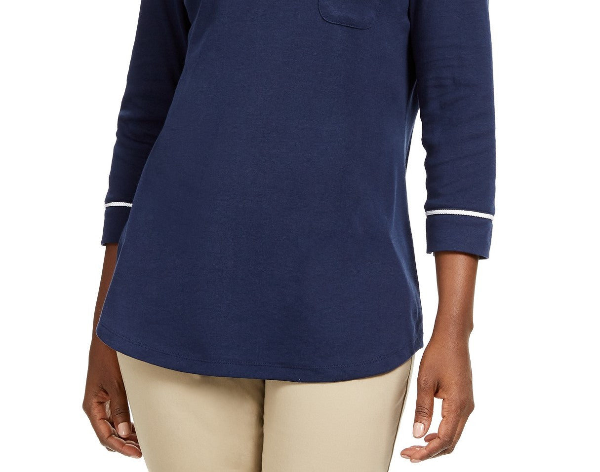 Karen Scott Women's Petite Piping-Trim T-Shirt Navy Size Petite