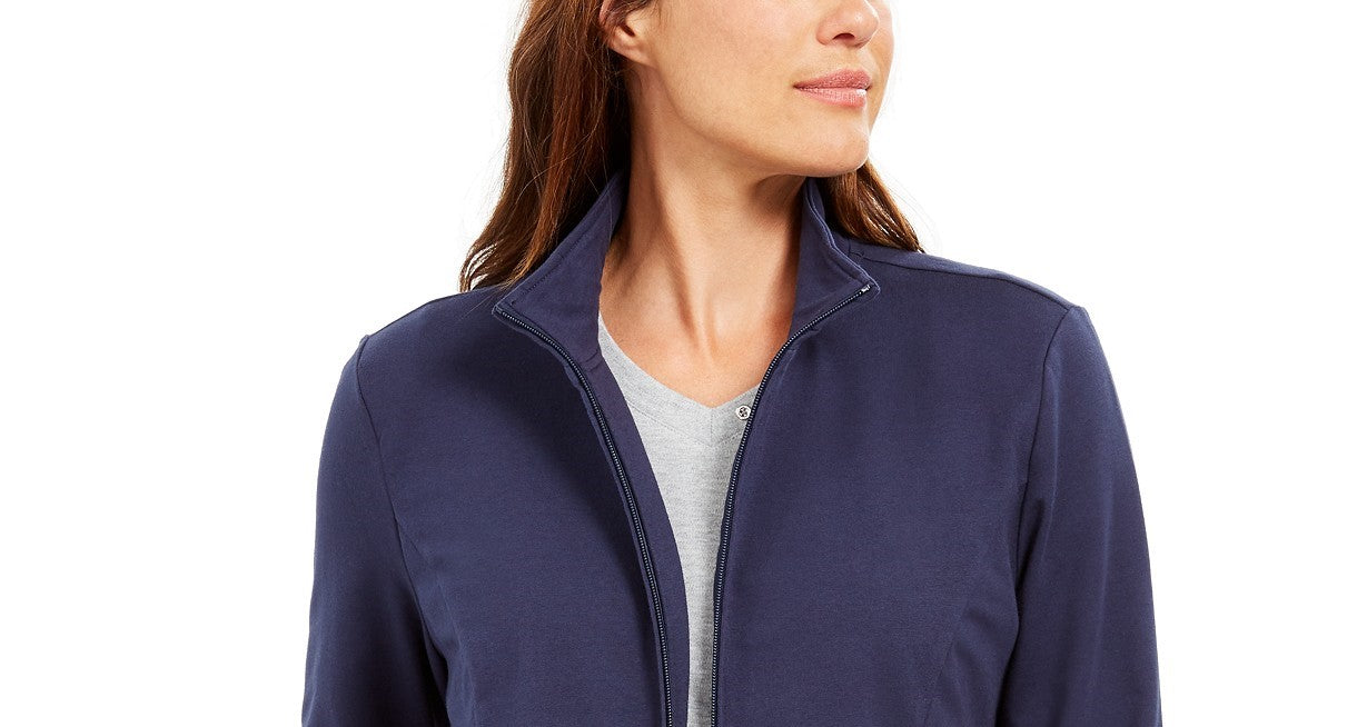 Karen Scott Women's Sport French Terry Ribbon-Trim Jacket Blue Size Small