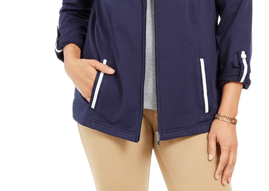 Karen Scott Women's Sport French Terry Ribbon-Trim Jacket Blue Size Small
