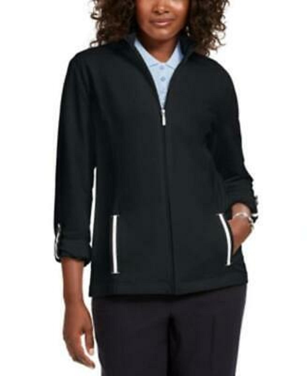 Karen Scott Women's Sport French Terry Ribbon-Trim Jacket Black Size Extra Large