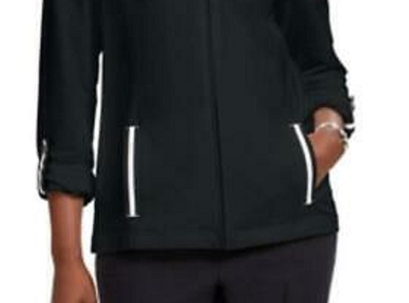Karen Scott Women's Sport French Terry Ribbon-Trim Jacket Black Size Extra Large