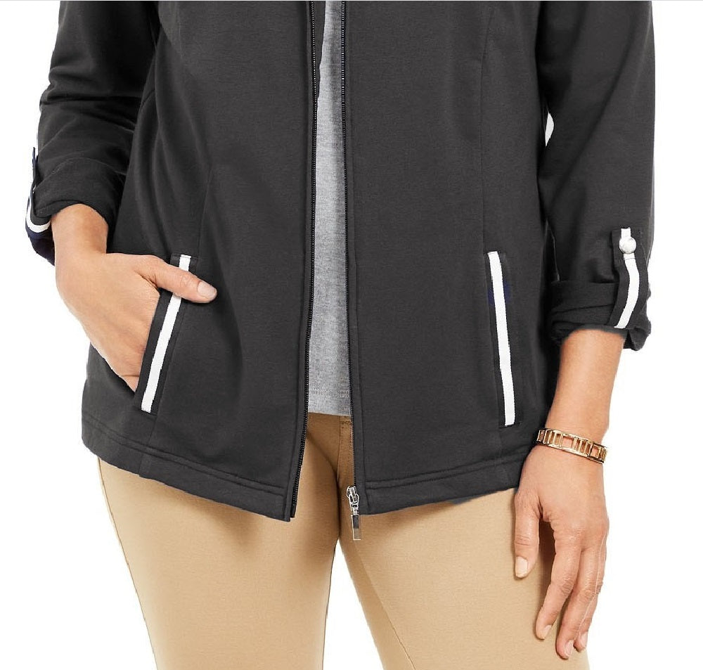 Karen Scott Women's Sport French Terry Ribbon-Trim Jacket Black Size XX Large