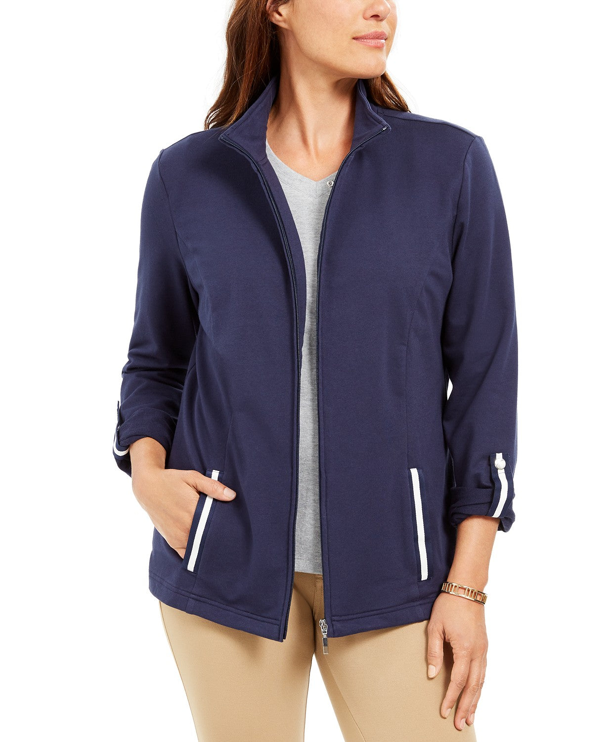 करेन स्कॉट महिला स्पोर्ट्स फ्रेंच टेरी रिबन-ट्रिम जैकेट नेवी, बड़ा साइज