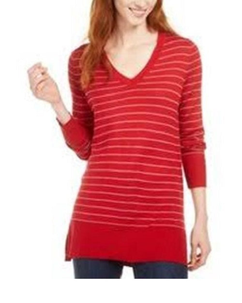 Maison Jules Women's Skinny-Striped Pullover Sweater Bright Red Size X-Small