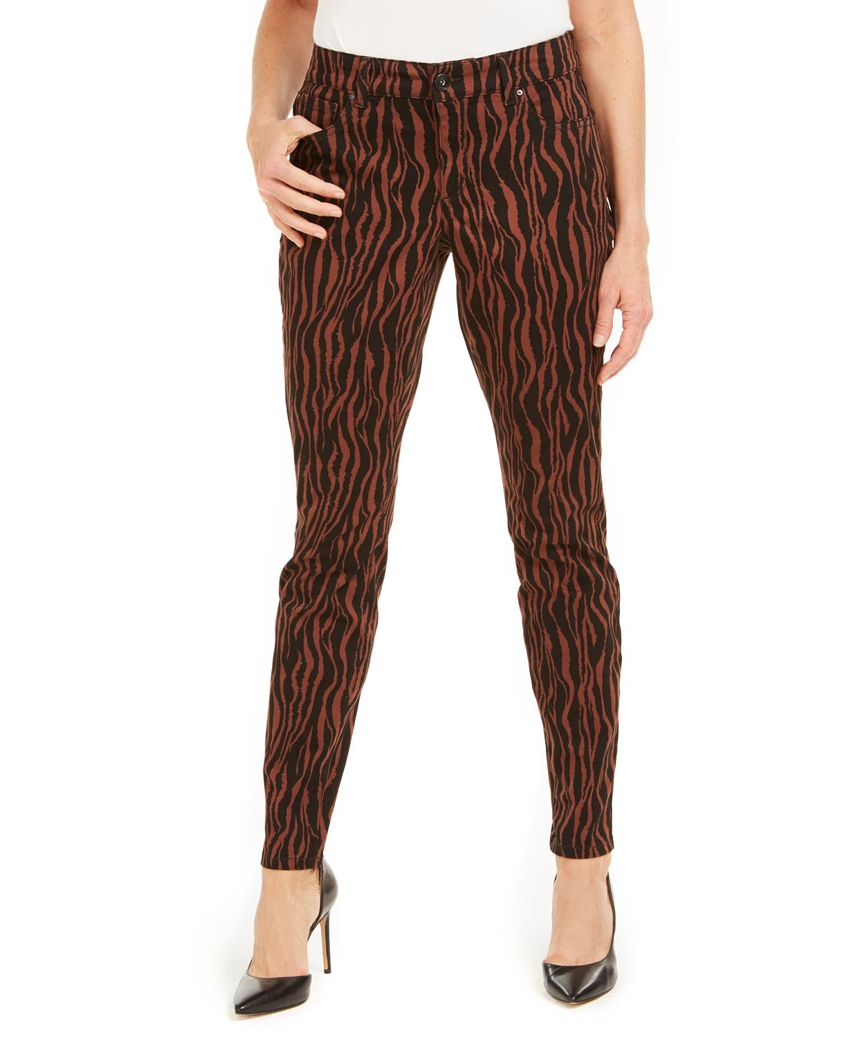 INC International Concepts Women's Printed Curvy-Fit Skinny Jeans Brown Size 2