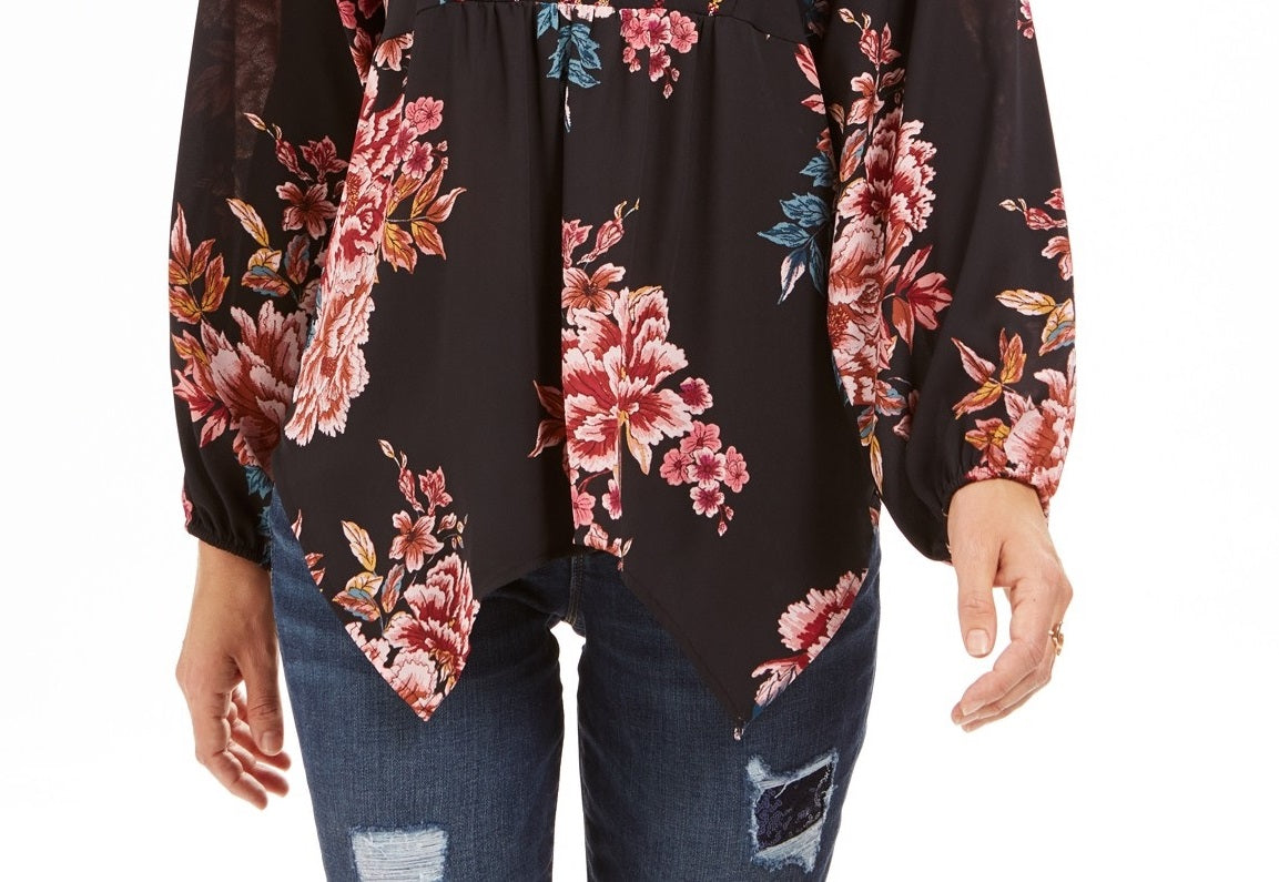 Style & Co Women's Printed Handkerchief-Hem Peasant Top Festive Black Size Large