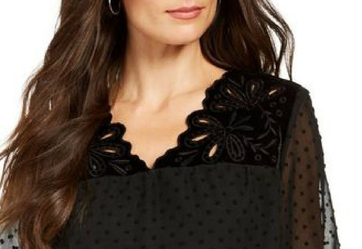 Style & Co Women's Mixed-Media Sheer-Sleeve Blouse Black Size Large