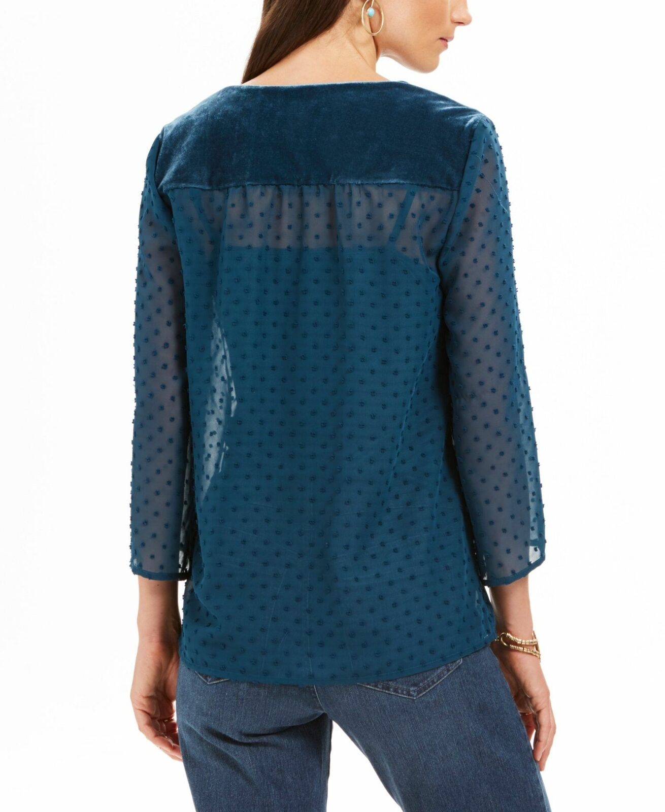 Style & Co Women's Mixed-Media Sheer-Sleeve Blouse Green Size Small