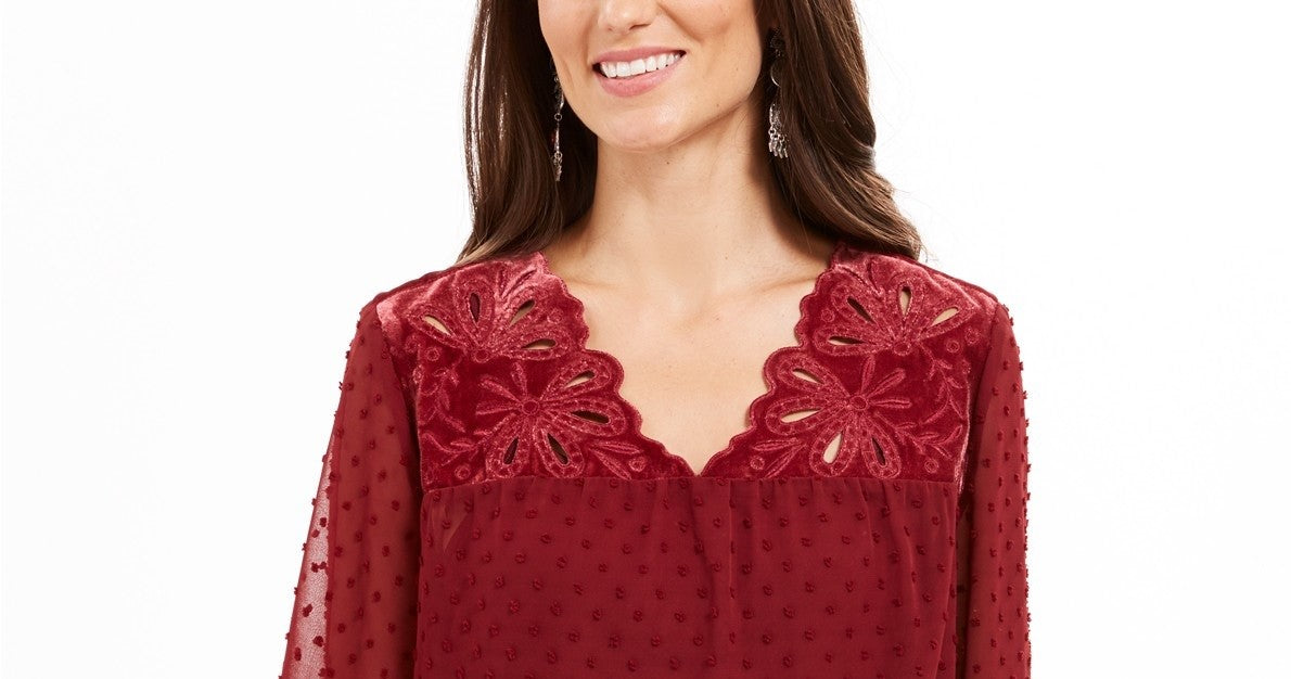 Style & Co Women's Mixed-Media Sheer-Sleeve Blouse Red Size Large
