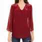 Style & Co Women's Mixed-Media Sheer-Sleeve Blouse Red Size Small