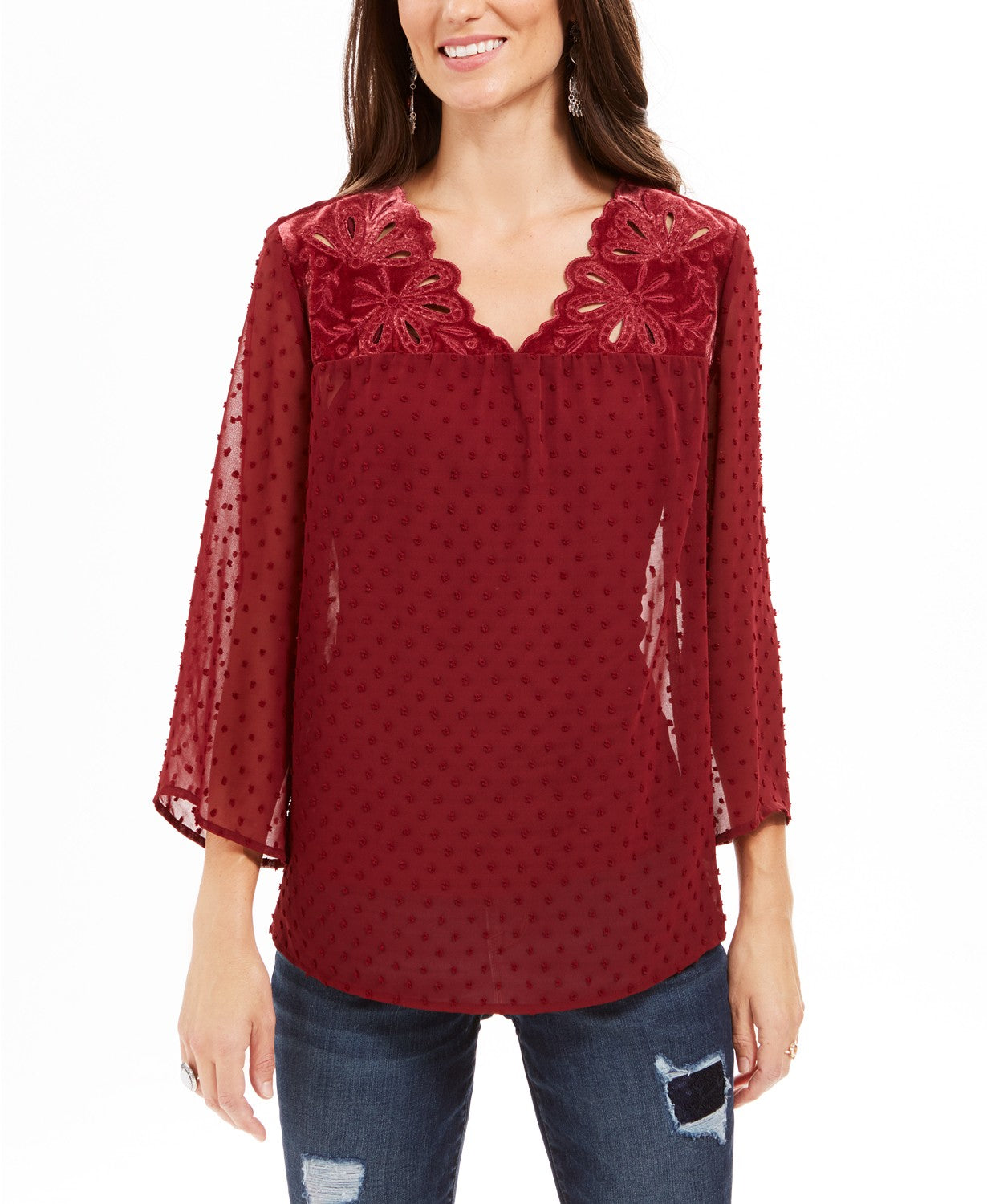 Style & Co Women's Mixed-Media Sheer-Sleeve Blouse Red Size Small