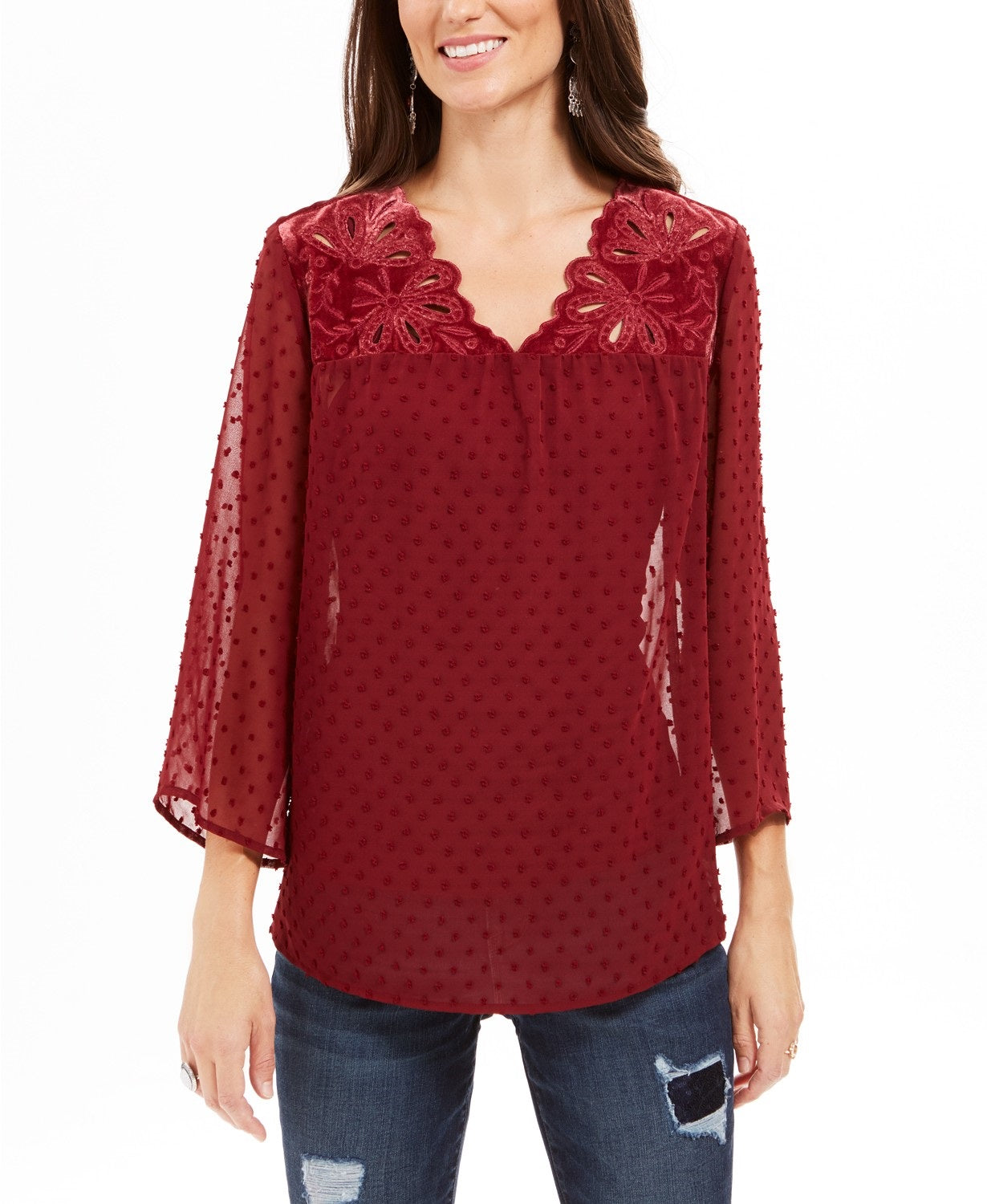 Style & Co Women's Mixed-Media Sheer-Sleeve Blouse Wine Size Extra Large