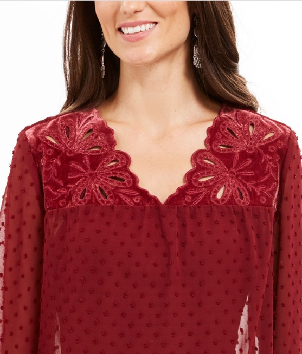 Style & Co Women's Mixed-Media Sheer-Sleeve Blouse Wine Size Extra Large
