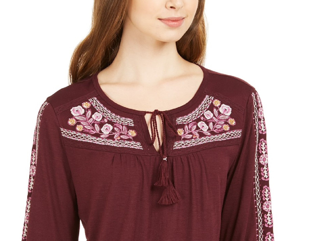 Style & Co Women's Embroidered Tie-Neck Top Purple Size Large