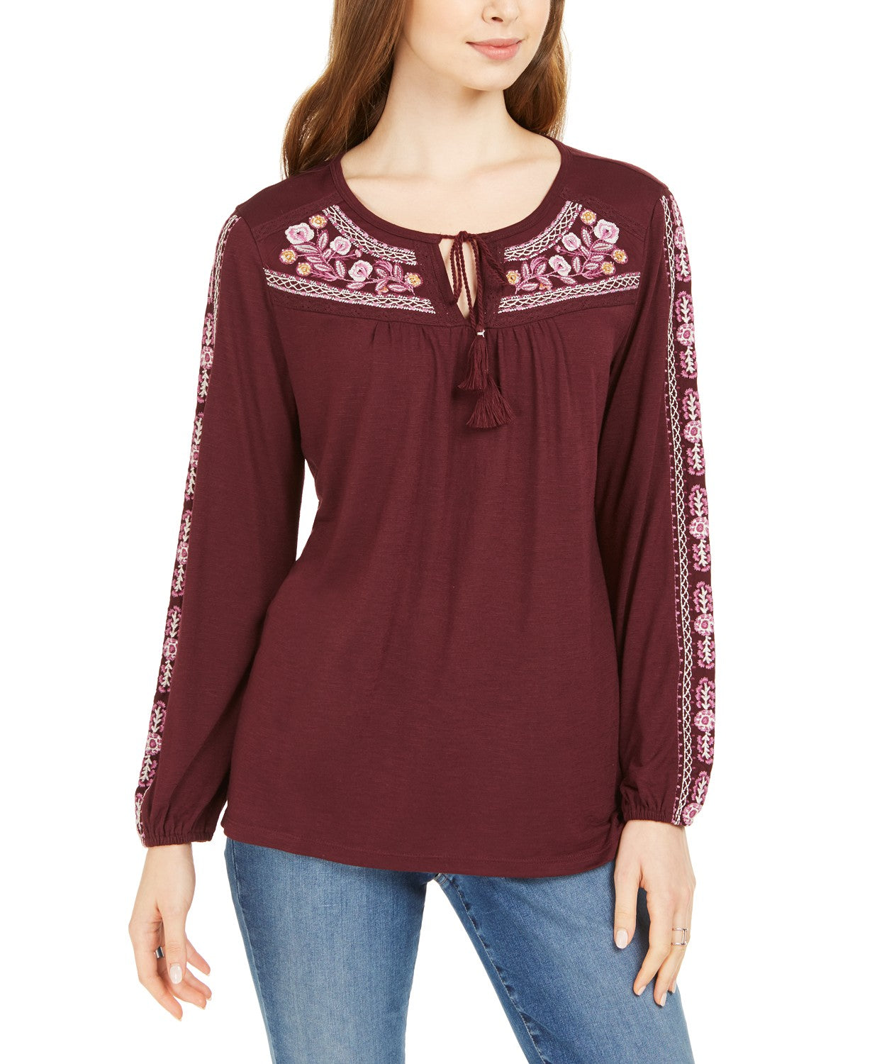 Style & Co Women's Embroidered Tie-Neck Top Purple Size Large