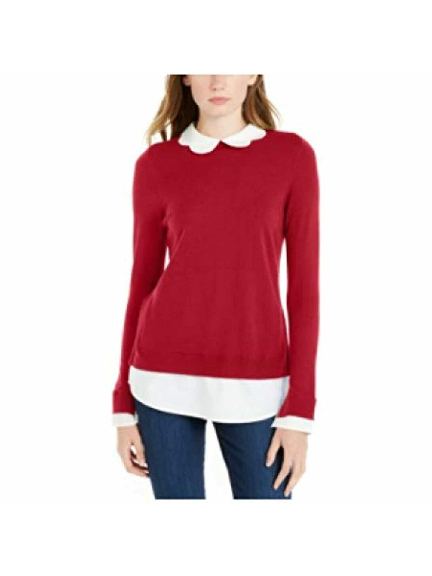 Maison Jules Women's Scalloped-Neck Layered-Look Sweater Bright Red Size X-Small