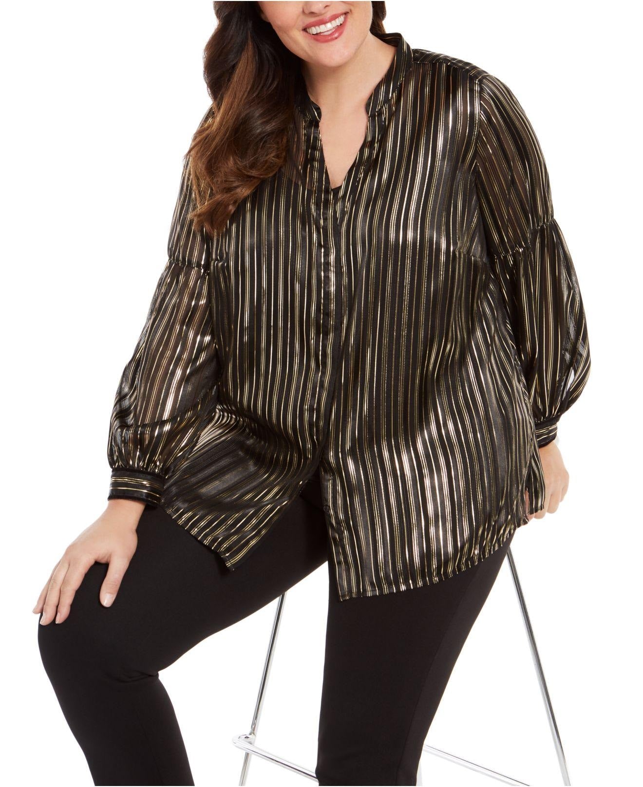 Alfani Women's Plus Size Striped Split-Neck Top Black Size 0X