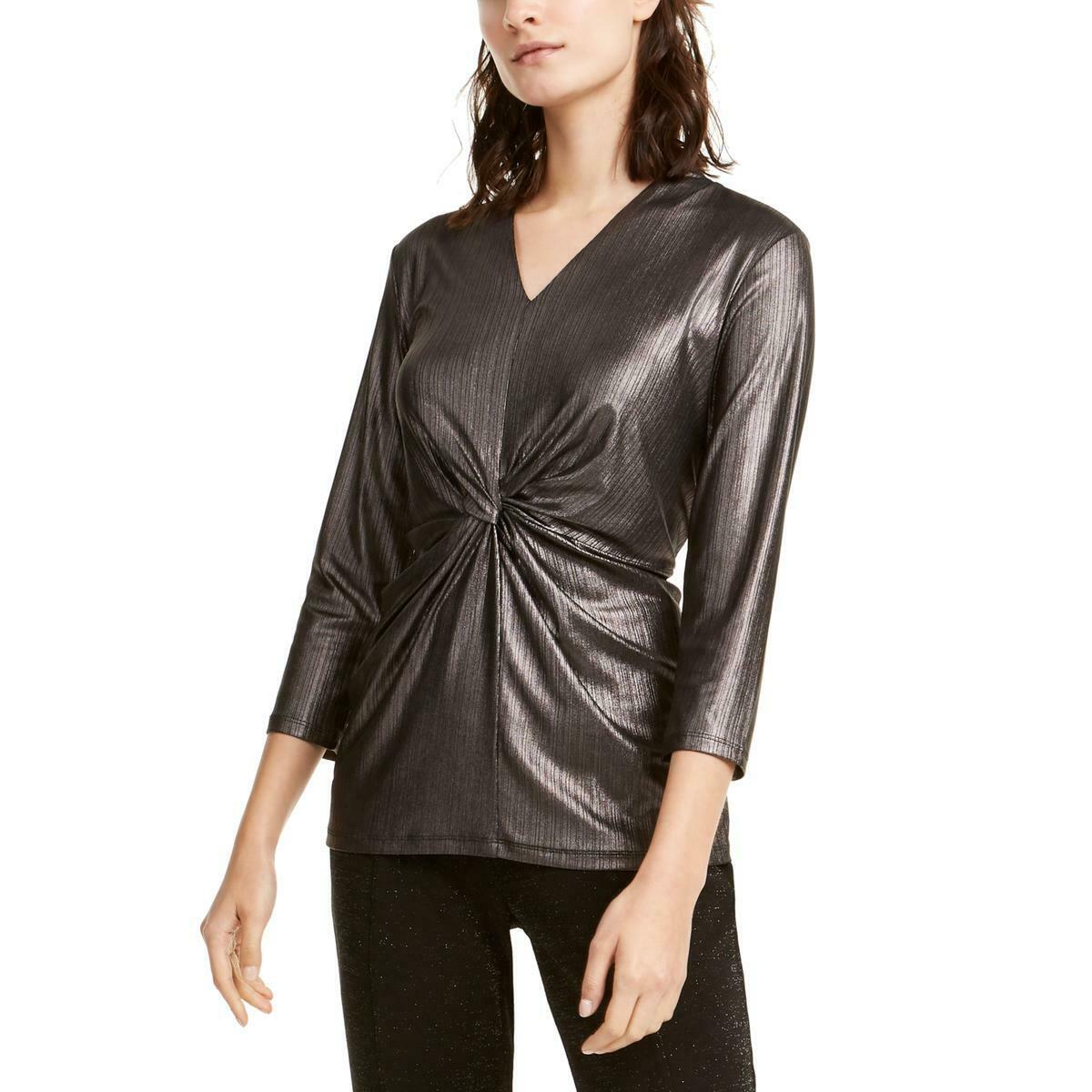Alfani Women's Metallic Twist-Front Top Charcoal Size Extra Large