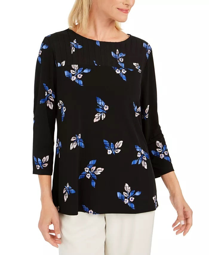 Charter Club Women's Floral Print Pleated Yoke Blouse Black Size Large
