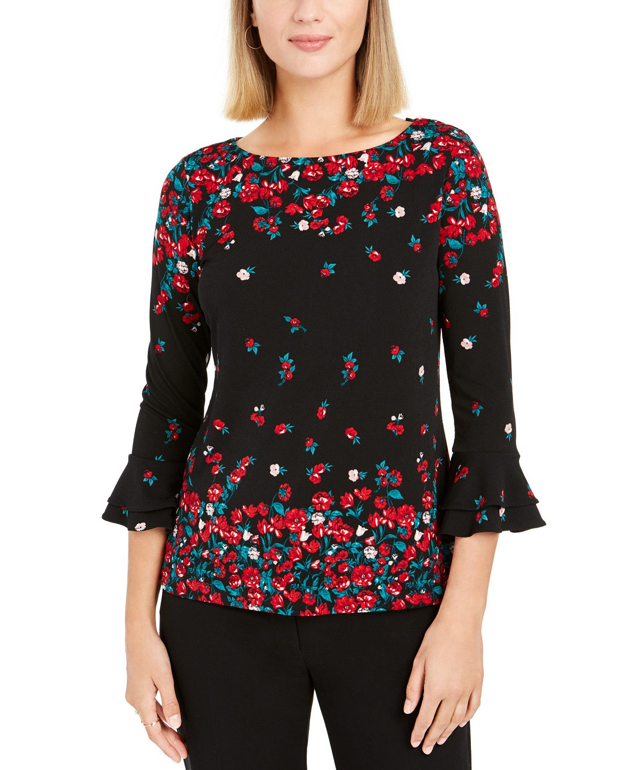 Charter Club Women's Floral Print Bell Sleeve Blouse  Black Size Large