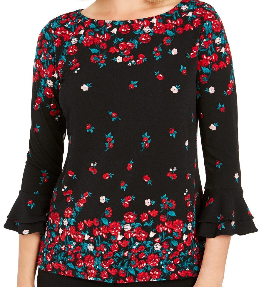 Charter Club Women's Floral Print Bell Sleeve Blouse  Black Size Large
