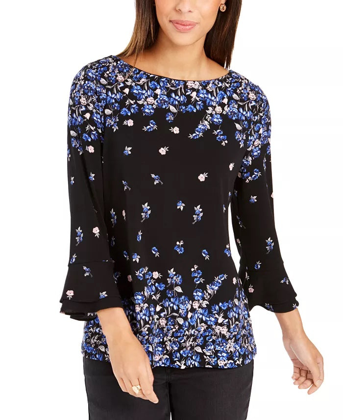 Charter Club Women's Ruffle-Cuff Top Black Size Petite Small