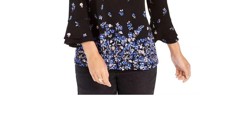 Charter Club Women's Ruffle-Cuff Top Black Size Petite Small