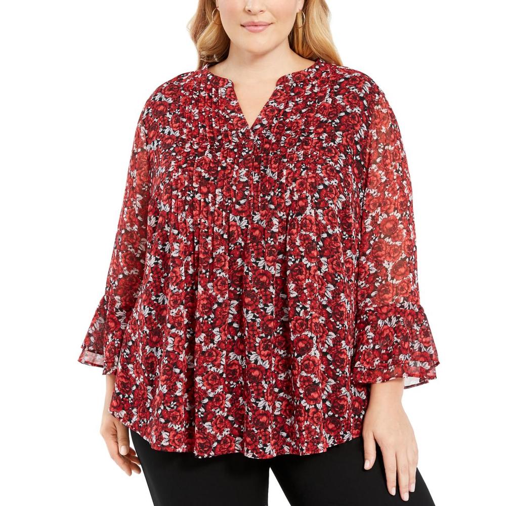 Charter Club Women's Floral Pintuck Top Red Size XX Large