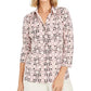Charter Club Women's 3/4 Sleeve Printed Polo Top Pink Size Small