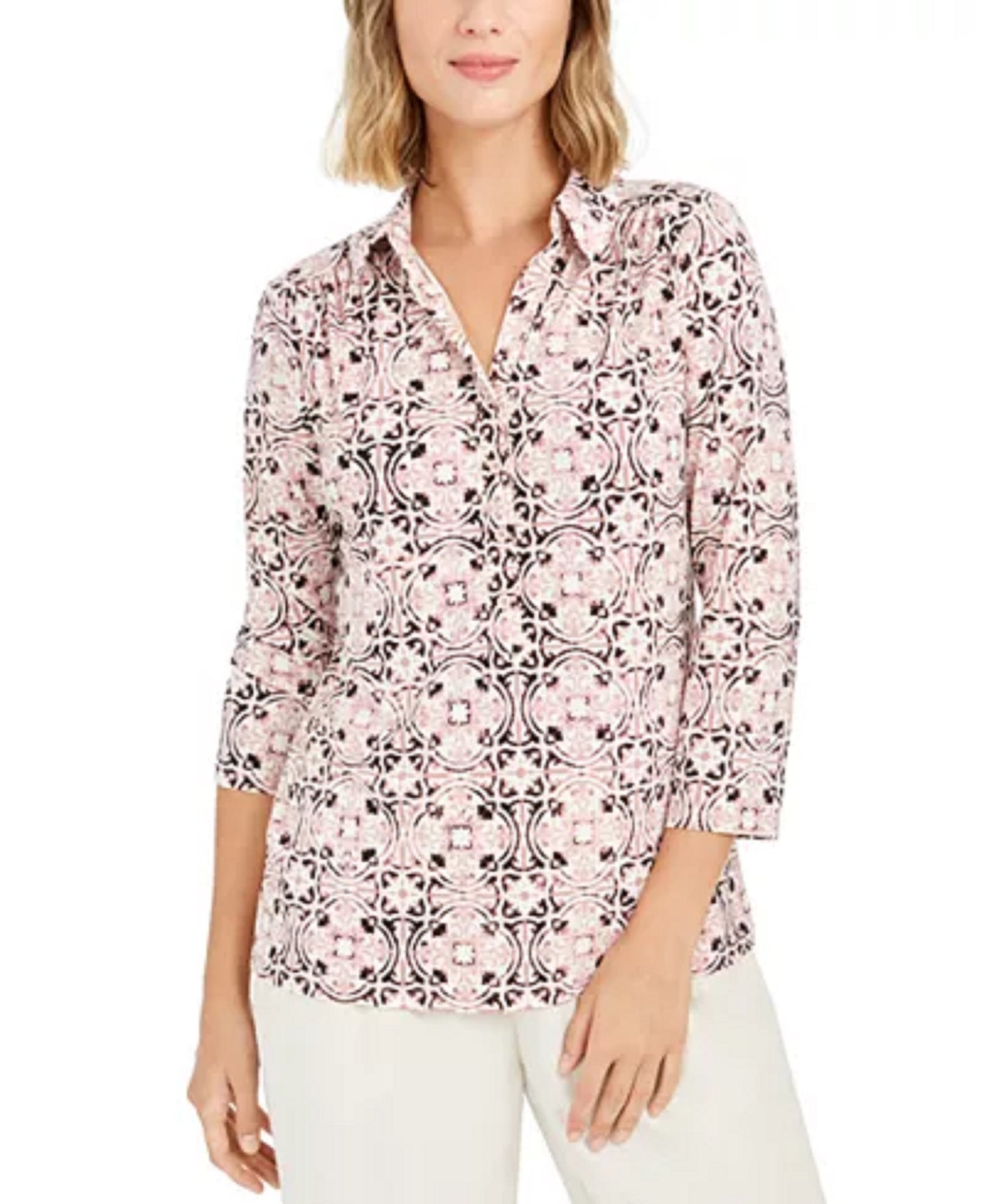 Charter Club Women's 3/4 Sleeve Printed Polo Top Pink Size Small