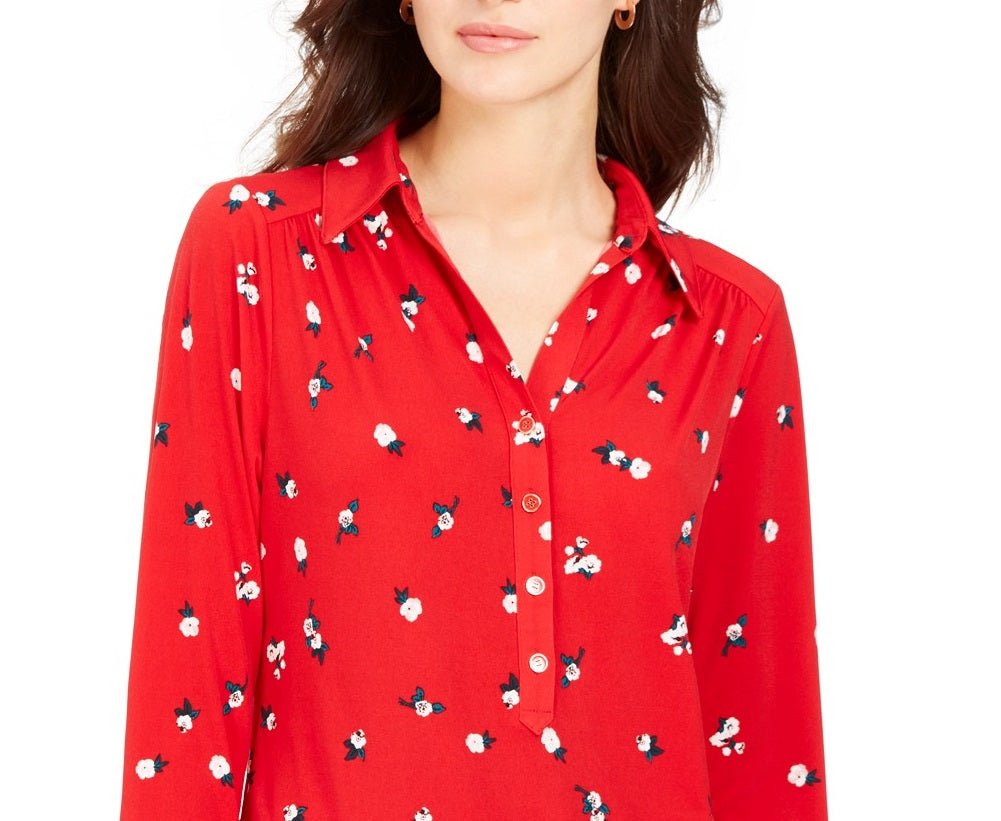 Charter Club Women's 3/4 Sleeve Printed Polo Top Red Size X-Small