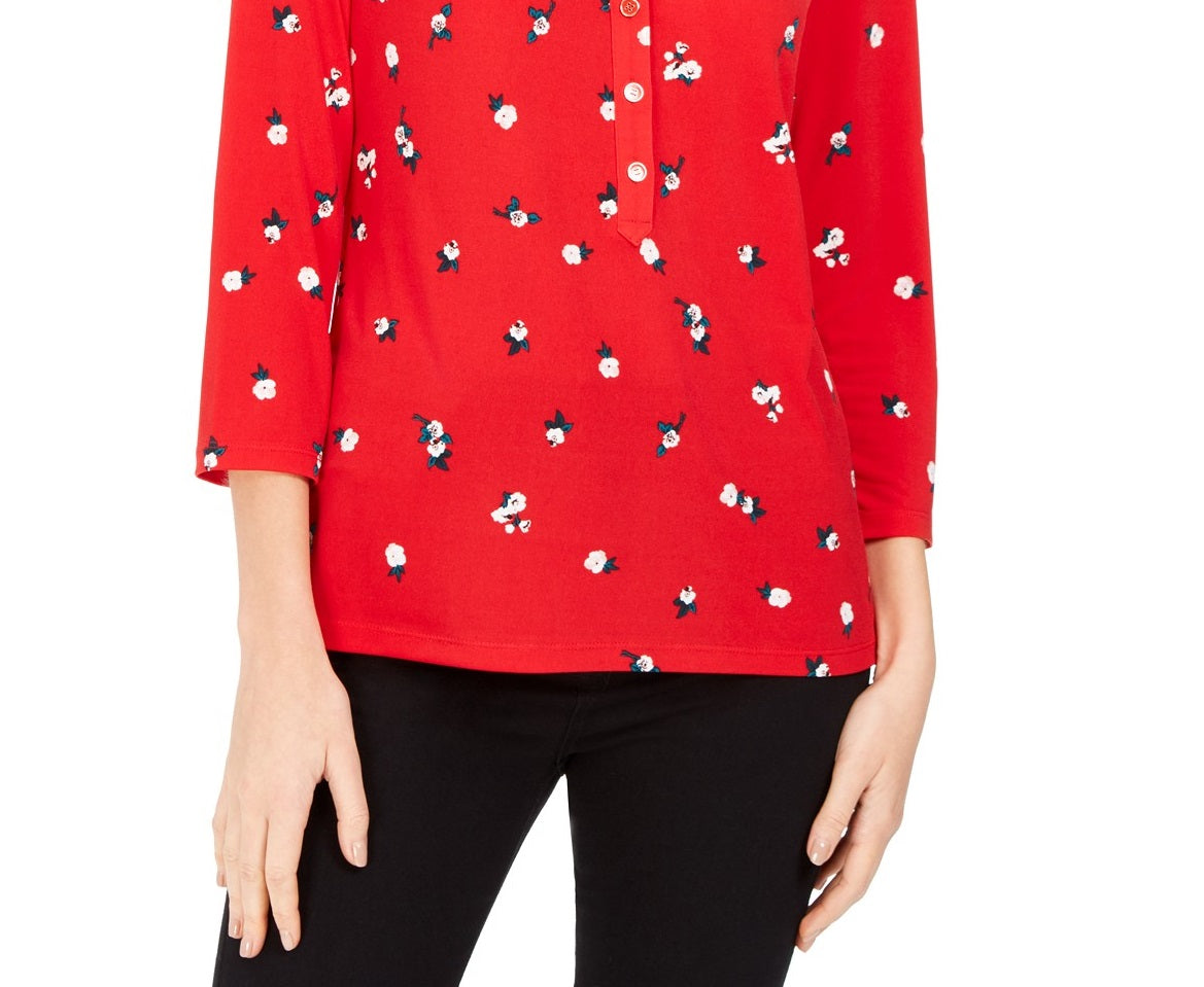 Charter Club Women's 3/4 Sleeve Printed Polo Top Red Size X-Small