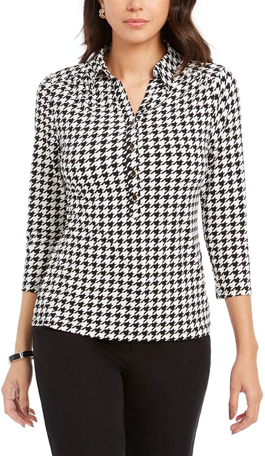 Charter Club Women's 3/4 Sleeve Printed Polo Top Black Size Large