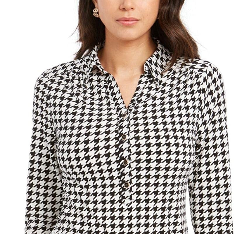 Charter Club Women's 3/4 Sleeve Printed Polo Top Black Size Large