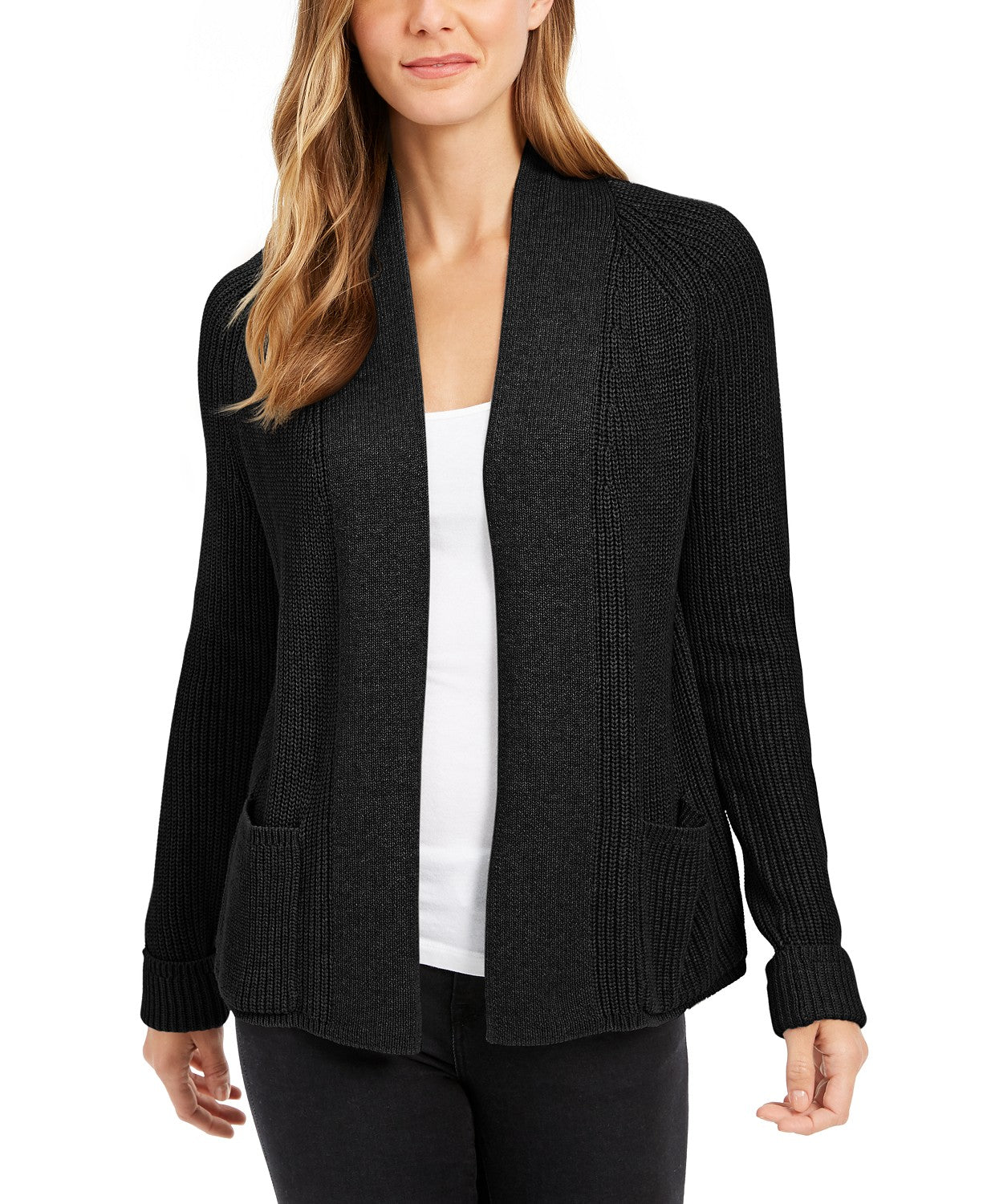 Charter Club Women's Petite Cotton Cropped Cardigan Black Size Petite Large
