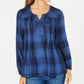 Style & Co Women's Petite Plaid Pleated Top Blue Size PM