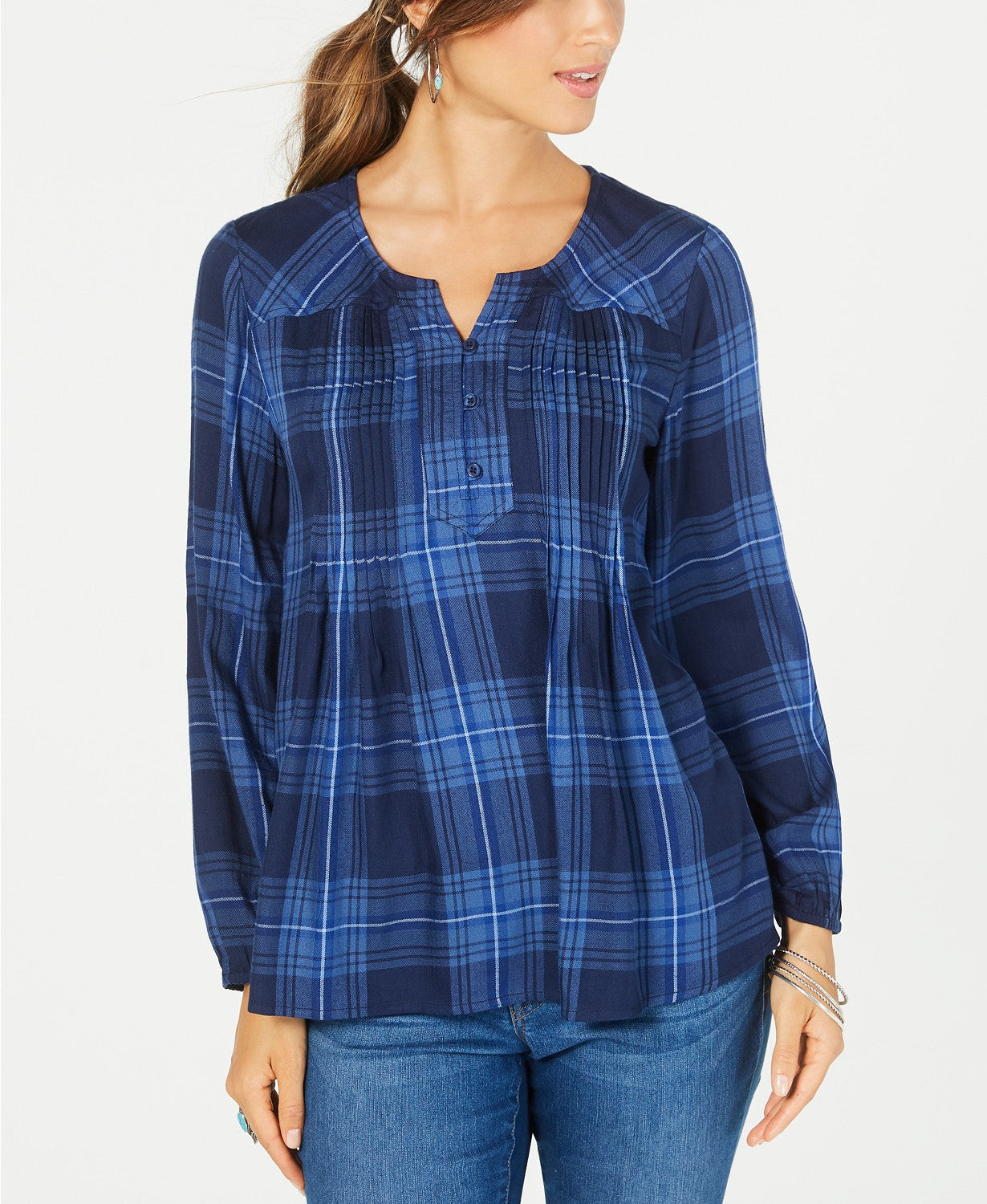Style & Co Women's Petite Plaid Pleated Top Blue Size PM