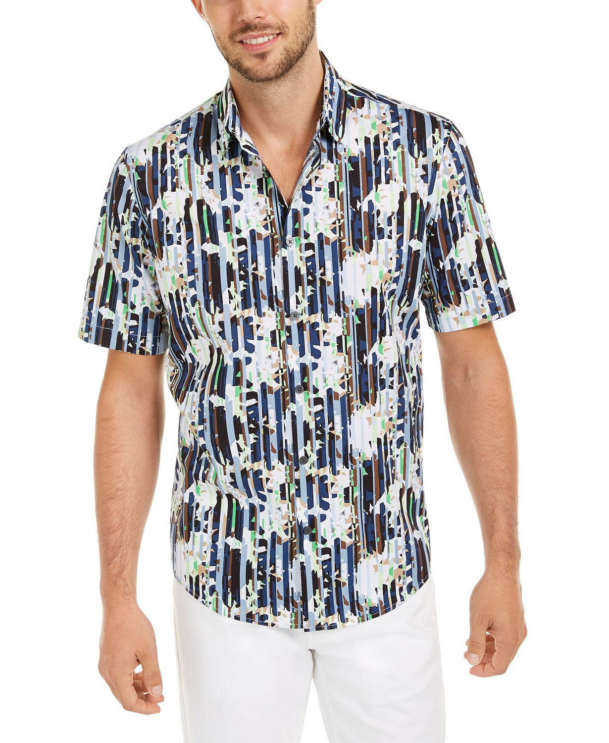 Alfani Men's Classic-Fit Abstract Floral-Stripe Shirt  Navy Size Small