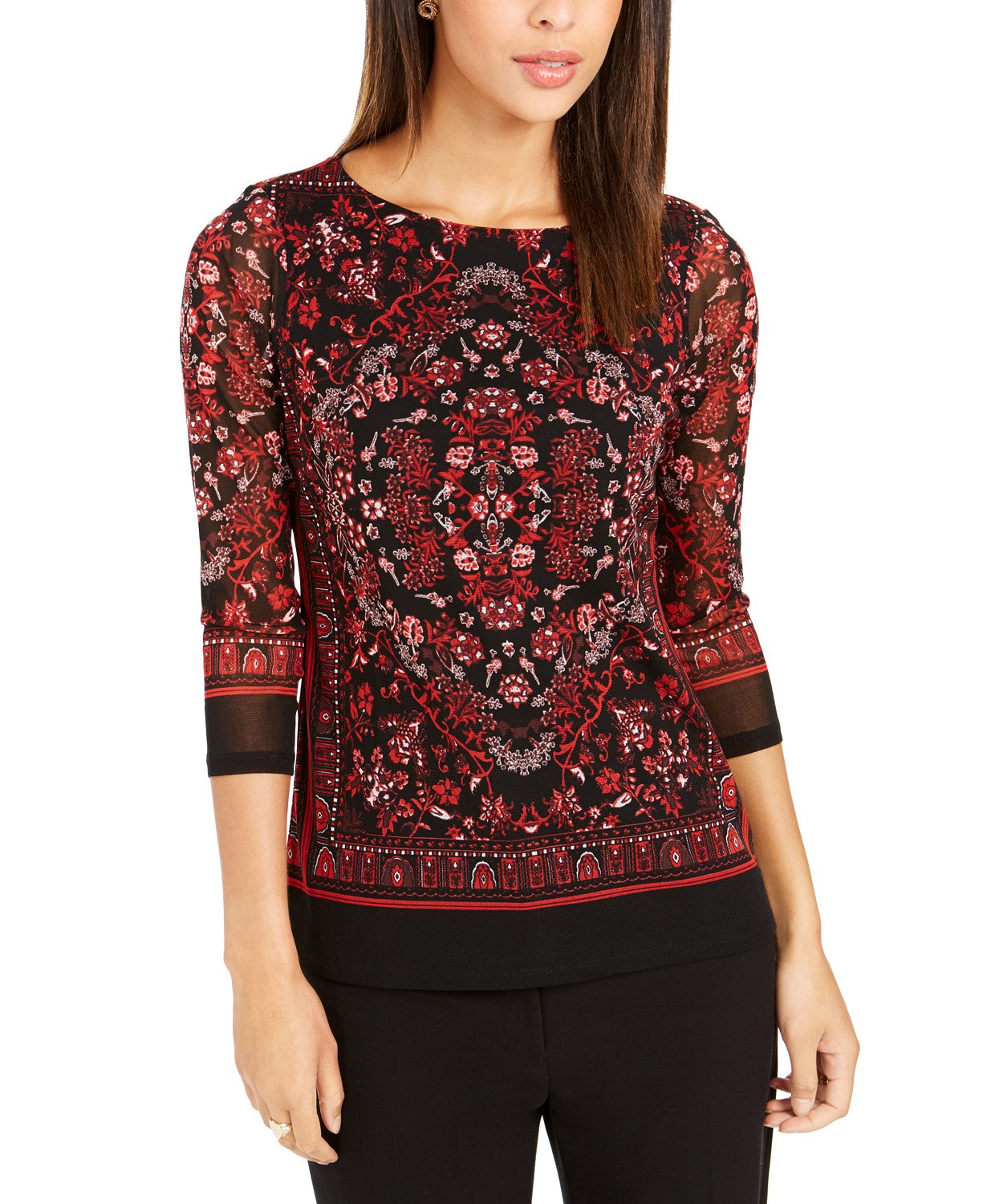 Charter Club Women's Printed Boat-Neck Top Red Size Small