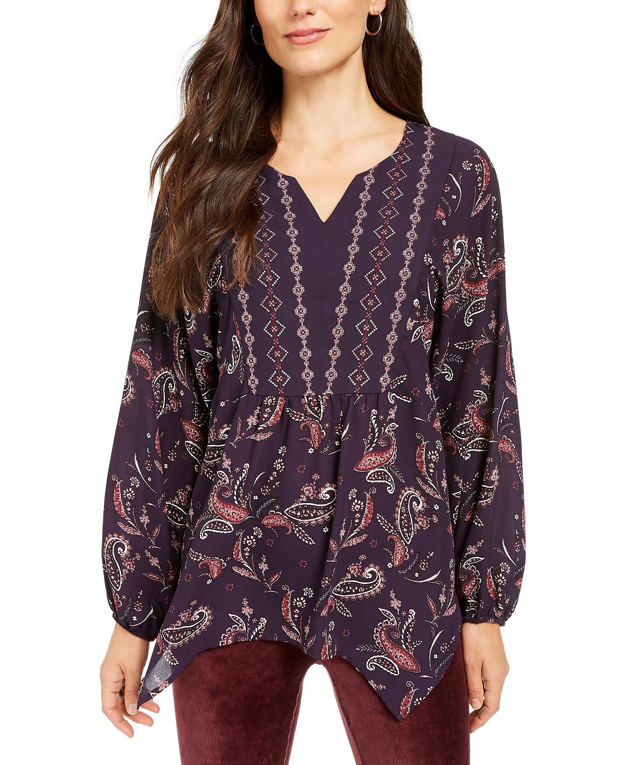 Style & Co Women's Printed Handkerchief-Hem Peasant Top Paisley Grape Size Extra Small