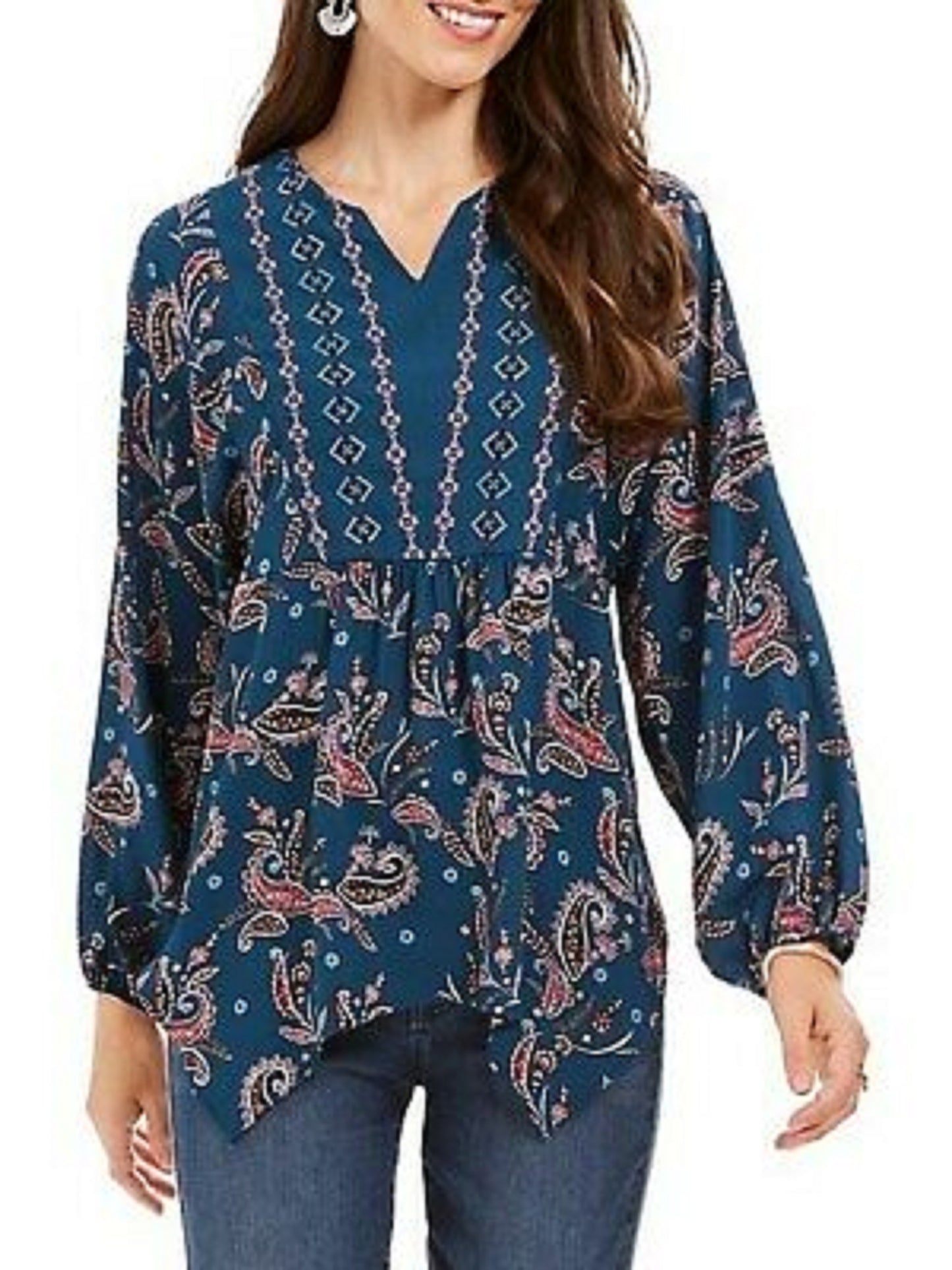 Style & Co Women's Printed Handkerchief-Hem Peasant Top Green Size Medium