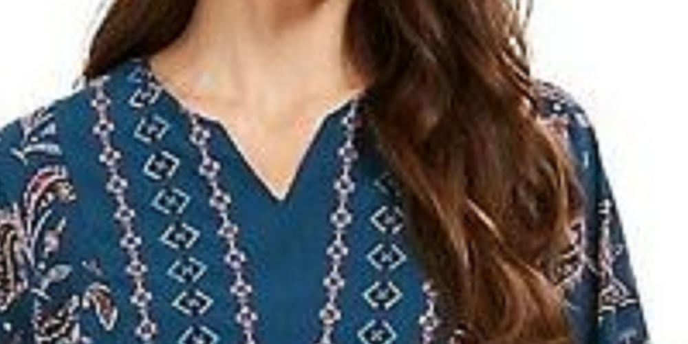 Style & Co Women's Printed Handkerchief-Hem Peasant Top Green Size Medium