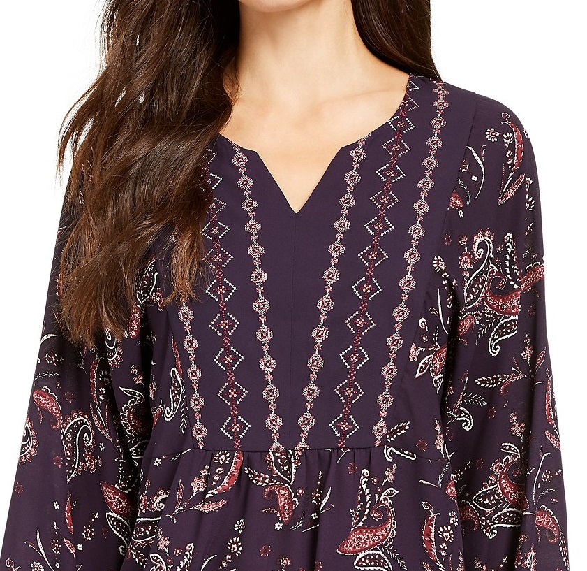 Style & Co Women's Printed Handkerchief-Hem Peasant Top  Purple Size Large