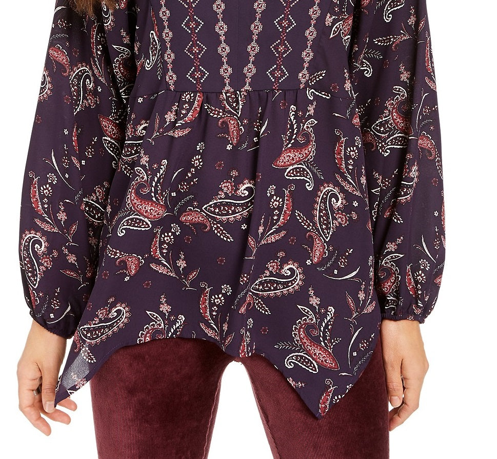 Style & Co Women's Printed Handkerchief-Hem Peasant Top  Purple Size Large