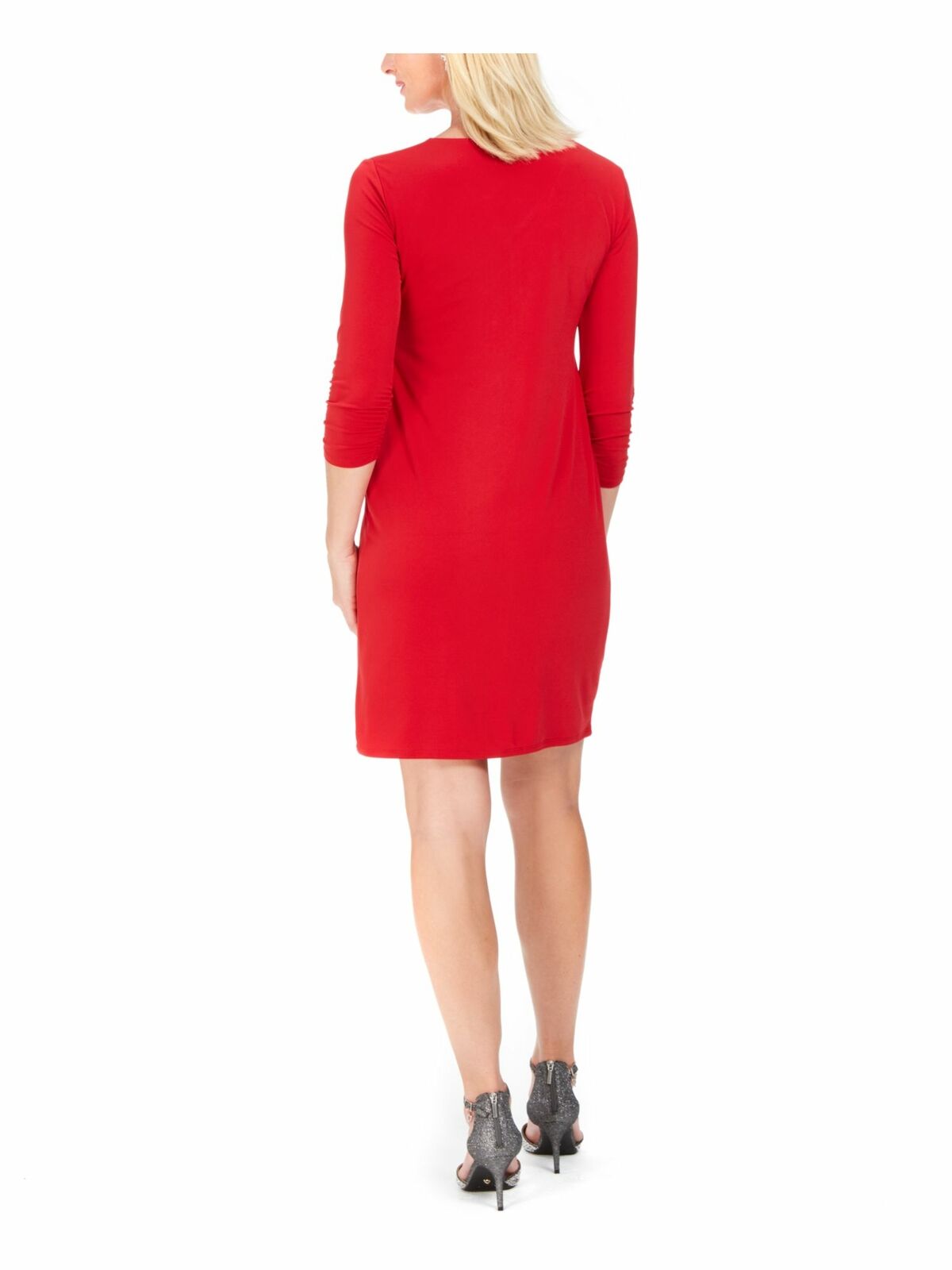 JM Collection Women's Embellished Solid 3/4 Sleeve V Neck Above The Knee Shift Dress Red Size Petite Small